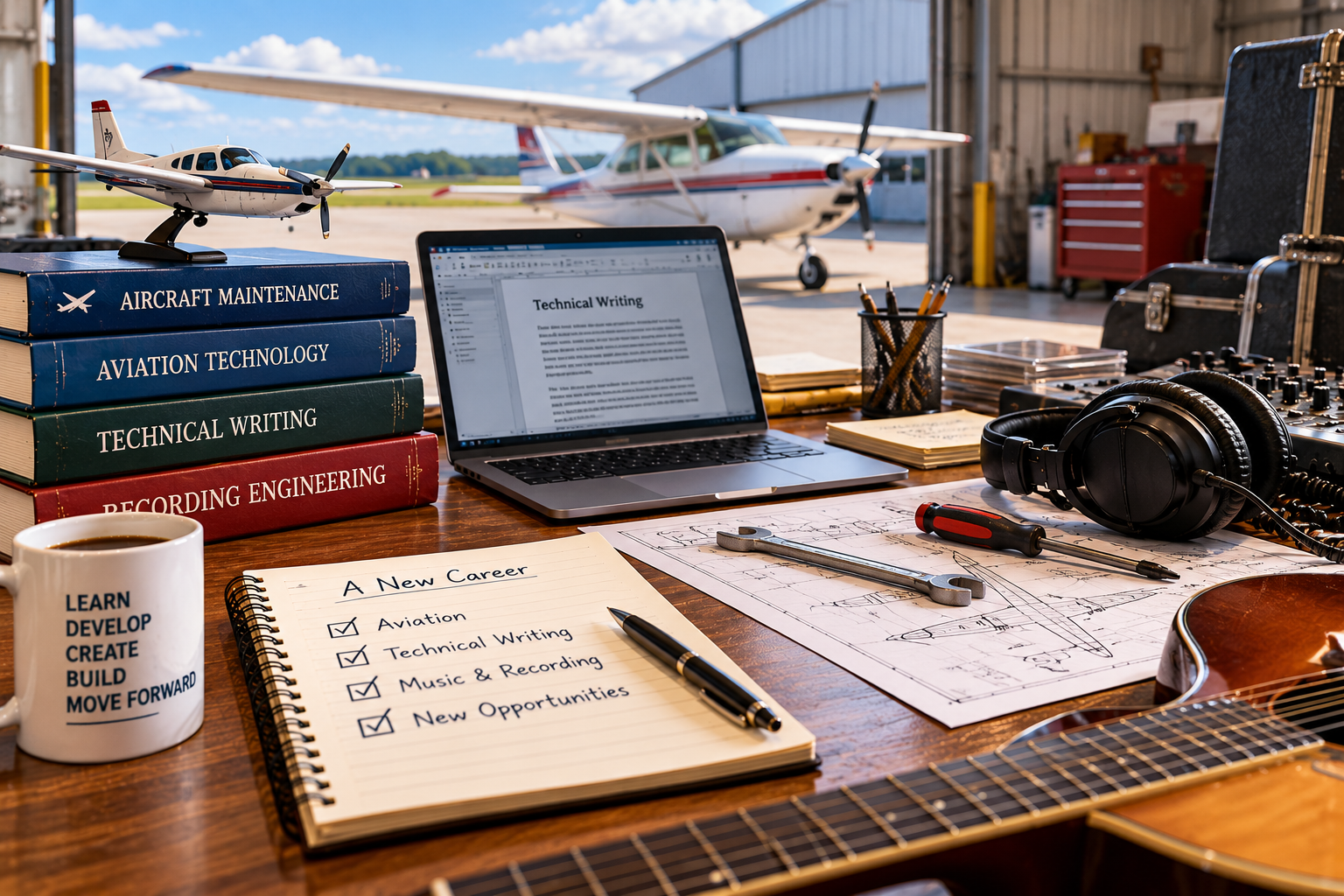 Illustration representing Reggie’s aviation studies, technical writing and recording engineering interests.